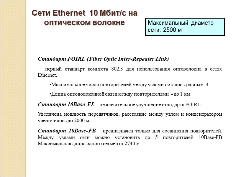 Сети Ethernet  10 Мбит/с на оптическом волокне  Стандарт FOIRL (Fiber Optic Inter-Repeater